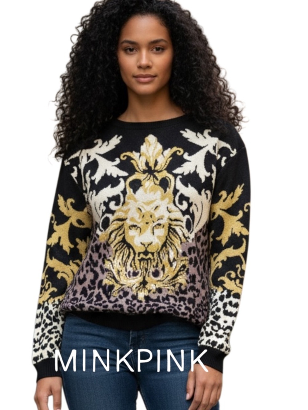 MINKPINK Black Multi Gold Metallic Lion Baroque Knit Sweater (XS)